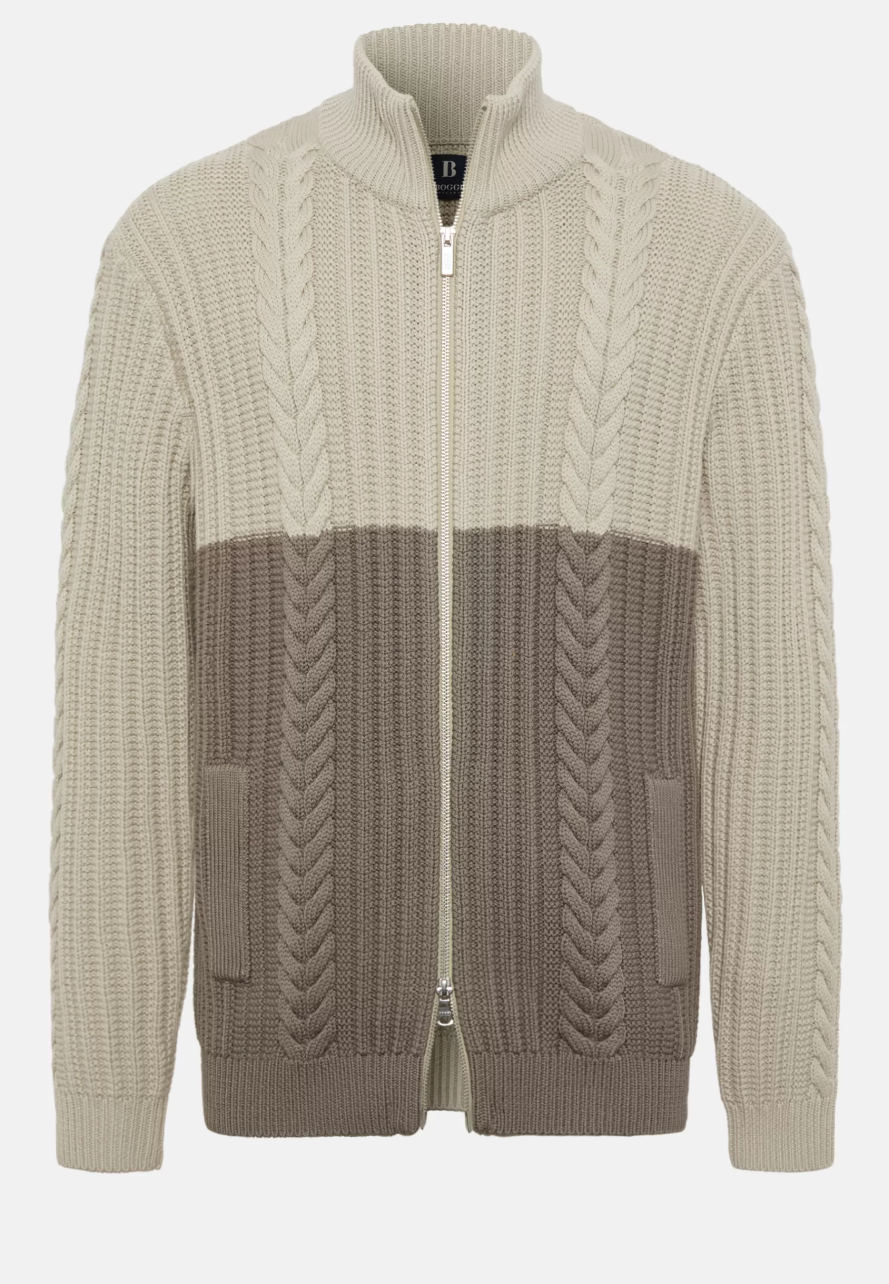 Knitwear^Boggi Milano Two-Tone And Dove Grey Full–Zip Jumper in Merino Wool Sand